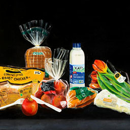 collection of groceries, roasted chicken, loaf of bread, bag of carrots, bag of apples, flowers and plastic knife and fork, bright vivid colours.