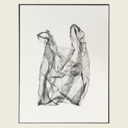 black and white detailed sketch of plastic bag.