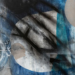abstract painting with circular features and shaded lines in tones of blue and off-white.