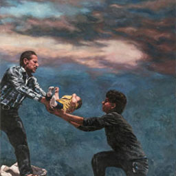 two men standing on rocky terrain, one man handing the other younger man a baby, watercolour background in blues and pinks.