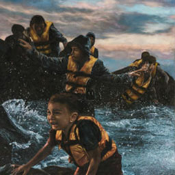 boat sinking, people in life jackets fleeing into the ocean, concerned facial expression, rough sea-scape, you girl at the front of the frame crying.