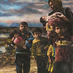 rocky landscape, woman holding a baby surrounded by four other children in coloueful clothes staring forward.