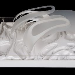 abstract white model, curved lines sitting on glass panel.