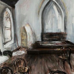 charcoal and pastel illustrations of arched windows inside home, wooden floor and chairs.