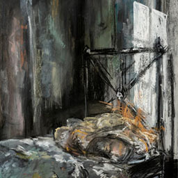 smudged charcoal and pastel illustration of bed inside home, colourful markings blended in.