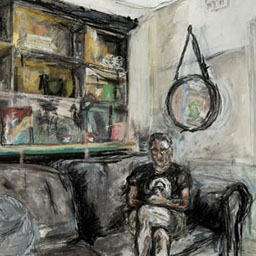 smudged charcoal and pastel illustration of figure sitting on sofa, bookshelf behind, hanging object on wall.