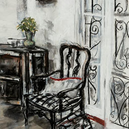 charcoal and pastel illustrationsof living room, arm chair and wooden cabinet on floorboards, in front of french doors.