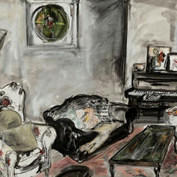 charcoal and pastel illustration of living room, arm chair, small sofa and piano, small coffee table on red rug.