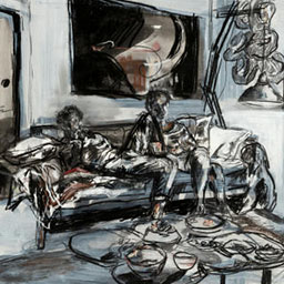 smudged charcoal and pastel illustration of figures sitting on sofa infront of coffee table.