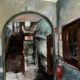 smudged charcoal and pastel illustration of hallway, rounded entry to wooden staircase.