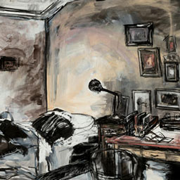 smudged charcoal and pastel illustrations of bedroom, detail of bed and desk with multiple frames on wall.