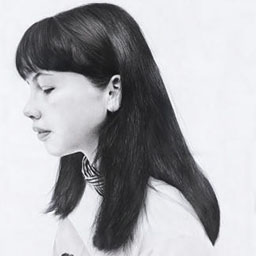 black and white shaded sketch side profile, female figure with long dark hair, looking down.
