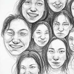 black and white floating faces sketched and shaded across frame, faces smiling and neutral.