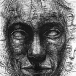 black and white sketched outline of face and facial features, dark shading.