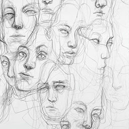 black and white floating faces sketched overlapping and fading across frame.