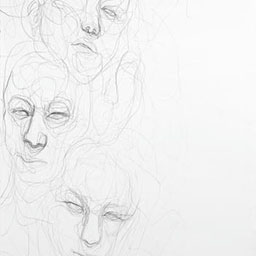 faint outlines of black and white sketches of floating faces.