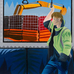 male figure inside train holding onto handle, travelling past construction site, vivid colours.