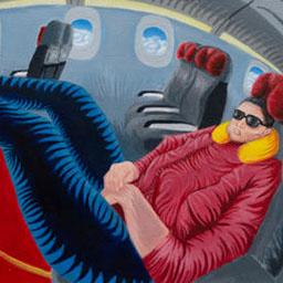 female figure wearing sunglasses, stretching out on plane seat in blue and red clothing, geometric zig zag patterns.