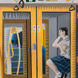 young female figure standing inbetween train carriages, vivid yellow doors, geometric zig zag patterns.