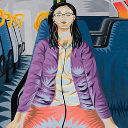 female figure sitting on blue seat in train carriage with headphones, zig zag geomertic patterns in blue shades, purples and reds.