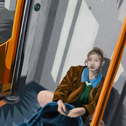 school girl sitting on floor of train, dark shadows and zig zag geometric patterns.