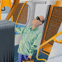 old man with sunglasses standing in train carriage, bright green jacket and brown bag with handle, bright yellow doors.