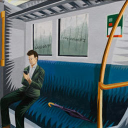 male figure in green suit sitting on bluebench on train, umbrella beside him, grey zig zag patterns.