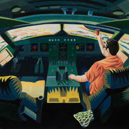 male figure sitting in cockpit of plane, moving controls in bright orange shirt, geometric green zig zag patterns.