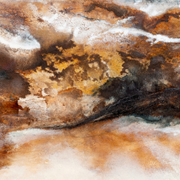 abstract close-up, painting of rough landscape in earthy tones and blues.