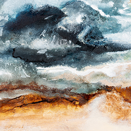 abstract close-up, painting of rough landscape in earthy tones and blues.