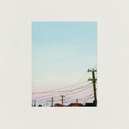 utility polls, power lines attached, pastel pink and blue sky.