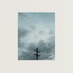 utility poll, power lines attached, dark grey cloudy sky.