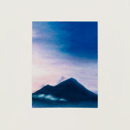 dark blue mountain, surrounded by fog and cloudy blue sky.