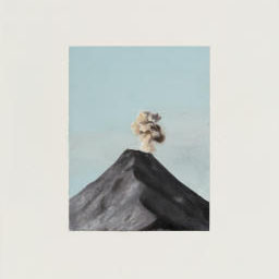 grey textured volcano, smoke emerging from top in pastel blue sky.
