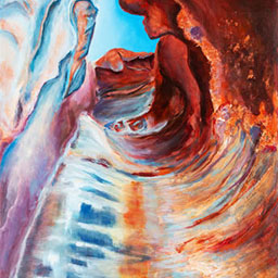 detailed rocky cavern, bright earthy tones with intricate lines, small patch of blue sky.