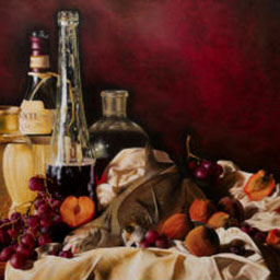 still-life painting, exotic food on table with tablecloth,warm hues and dark red background.