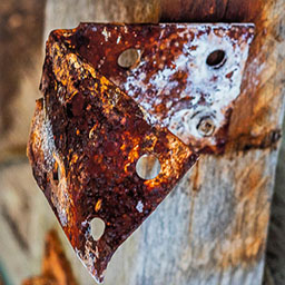 rusted red and orange hinge on wooden block.