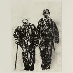 two male figures in war clothing walking, dark shading.