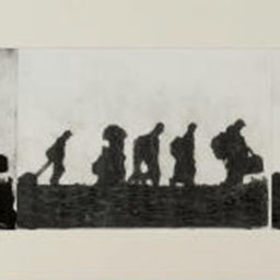black and white silhouette of figures walking in a line carrying bags.