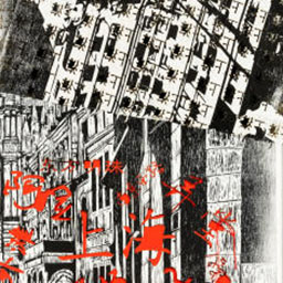 collaged black and white ancient buildings, splashes of red chinese symbols.