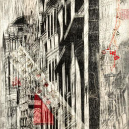 collaged black and white ancient buildings, splashes of red.