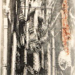 collaged black and white ancient buildings, splashes of red.