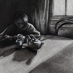 pencil drawing, woman sitting at table with cup of tea, dark shading.