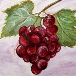 red and green sketch of grapes, light purple background.