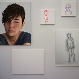 gallery wall, four variations of portraits painted, illustrated and sketched on individual panels.