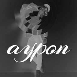 tall male figure in black and white, distorted face transformed into circular feature and cursive white writing spelling 'aypon' across the centre.