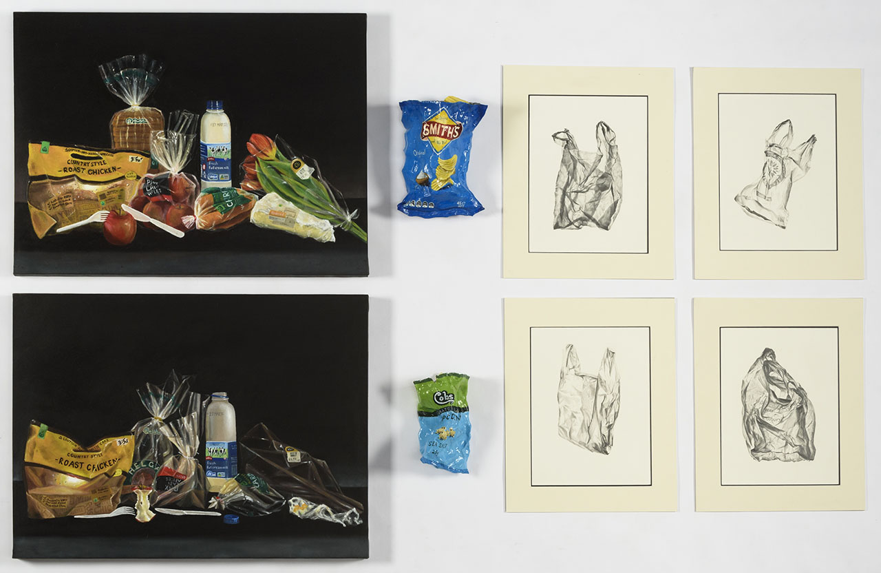 two panels, before and after oil paintings of food before consumption and plastic remains after, four black and white illustrations of plastic bags and two model plastic chip packets.