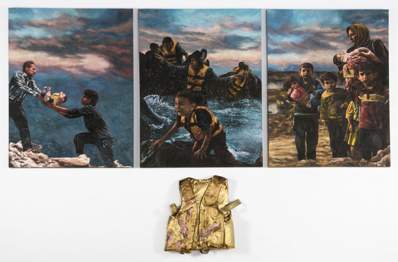 three large oil paintings, portraits in shades of blue and earth tones and a golden life jacket object.
