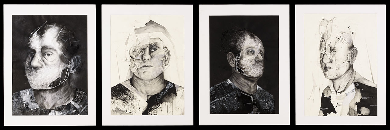 four black and white illustrated male portraits, collaged and torn.