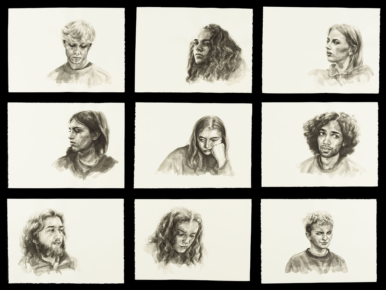 nine individual illustrated portraits in black and white arranged in three rows of three.
